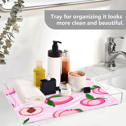 Pink Peaches Clear Acrylic Serving Tray Decorative Acrylic Trays for Breakfast, Bathroom Desk Organizer Storage Tray (15.7"x11.8")