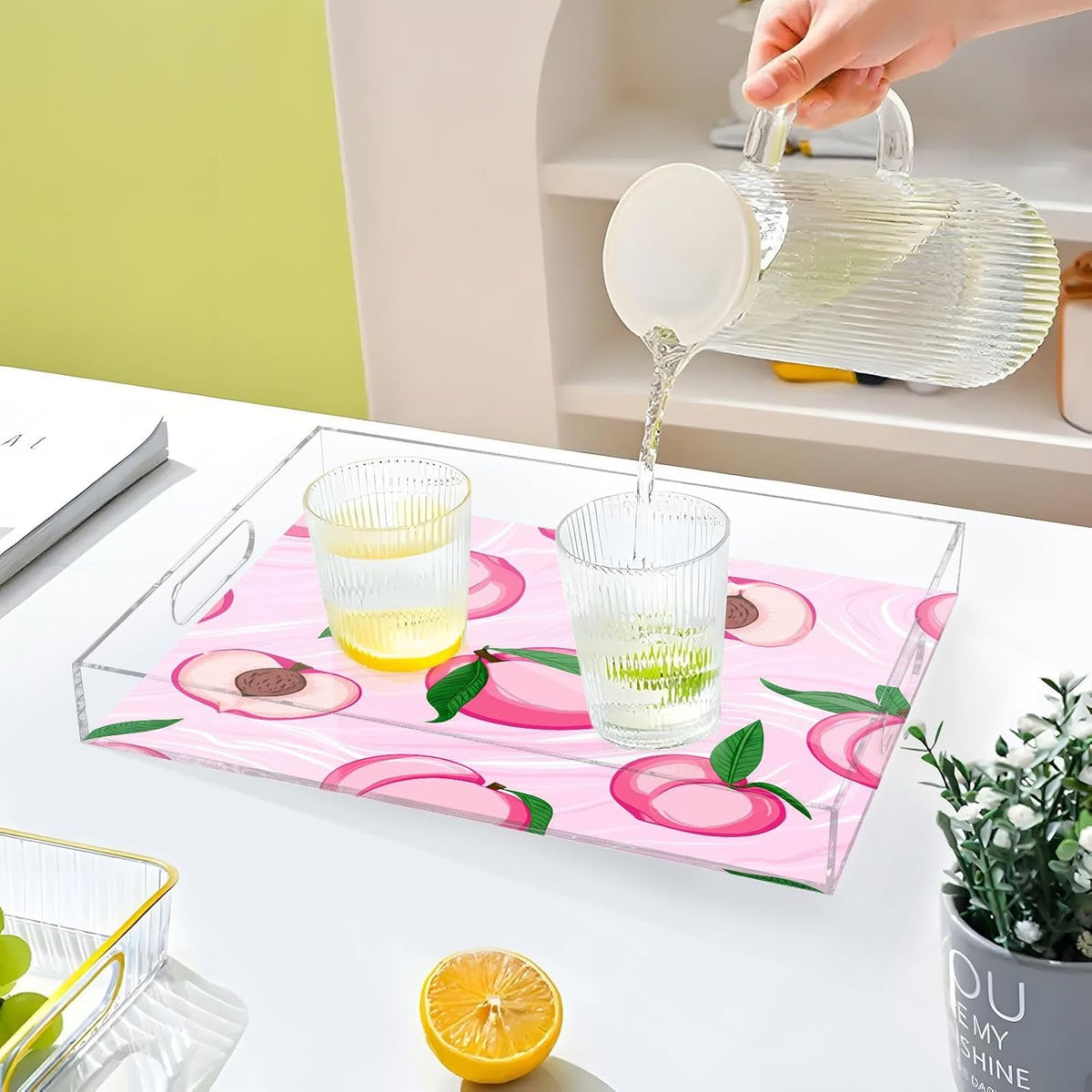 Pink Peaches Clear Acrylic Serving Tray Decorative Acrylic Trays for Breakfast, Bathroom Desk Organizer Storage Tray (15.7"x11.8")