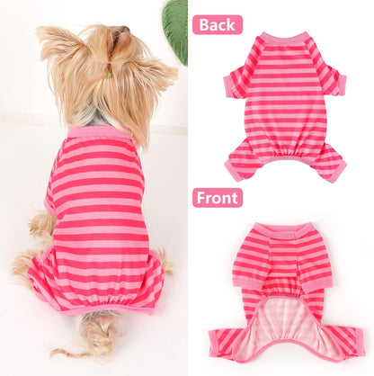 Dog Pajamas Pjs Stretchable Strip Dog Jumpsuit 4 Legs Pjs for Summer Dog Clothes Puppy Onesies Doggie Outfit (Pink, Medium (Chest 15in))