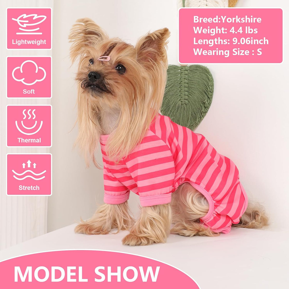 Dog Pajamas Pjs Stretchable Strip Dog Jumpsuit 4 Legs Pjs for Summer Dog Clothes Puppy Onesies Doggie Outfit (Pink, Medium (Chest 15in))