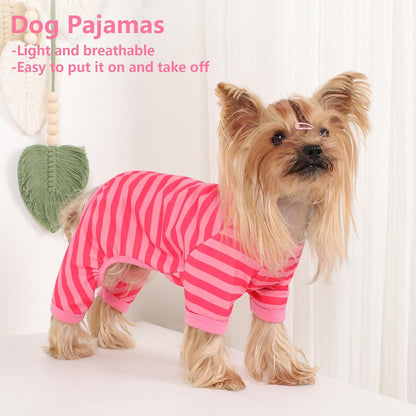 Dog Pajamas Pjs Stretchable Strip Dog Jumpsuit 4 Legs Pjs for Summer Dog Clothes Puppy Onesies Doggie Outfit (Pink, Medium (Chest 15in))