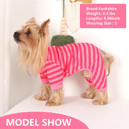 Dog Pajamas Pjs Stretchable Strip Dog Jumpsuit 4 Legs Pjs for Summer Dog Clothes Puppy Onesies Doggie Outfit (Pink, Medium (Chest 15in))