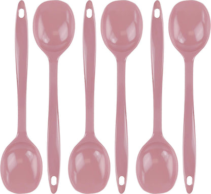 Cooking Spoon for Serving, Basting, Mixing, Heat Resistant, BPA Free Melamine 11 inch Utensil with Ergonomic Handle, Set of 6, Pink