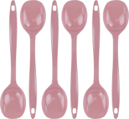 Cooking Spoon for Serving, Basting, Mixing, Heat Resistant, BPA Free Melamine 11 inch Utensil with Ergonomic Handle, Set of 6, Pink