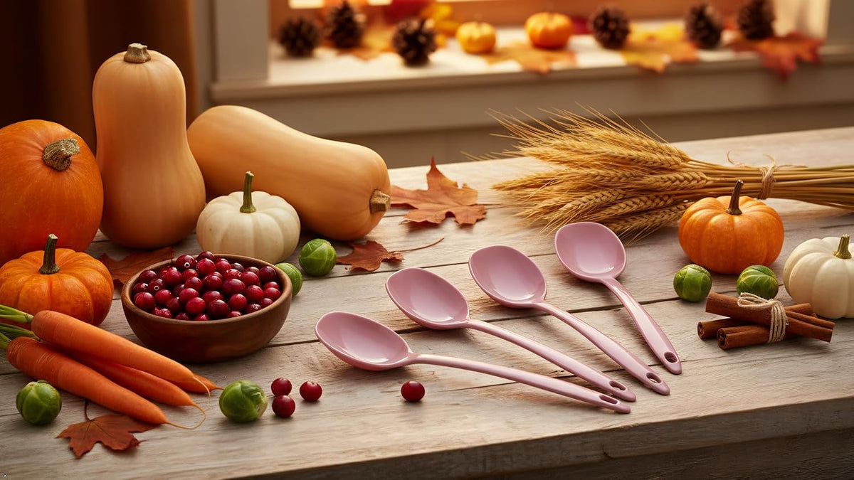 Cooking Spoon for Serving, Basting, Mixing, Heat Resistant, BPA Free Melamine 11 inch Utensil with Ergonomic Handle, Set of 6, Pink