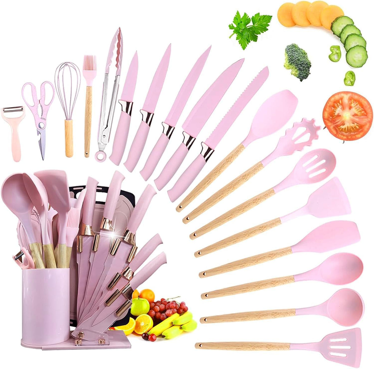 Kitchen Utensil Set,20 Pieces Kitchen Stainless Steel Knives Set Silicone Cooking Utensil with Wooden Handles,Home Kitchenware Accessories Cookware with Stand Block (Pink)