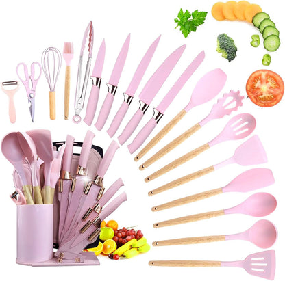 Kitchen Utensil Set,20 Pieces Kitchen Stainless Steel Knives Set Silicone Cooking Utensil with Wooden Handles,Home Kitchenware Accessories Cookware with Stand Block (Pink)