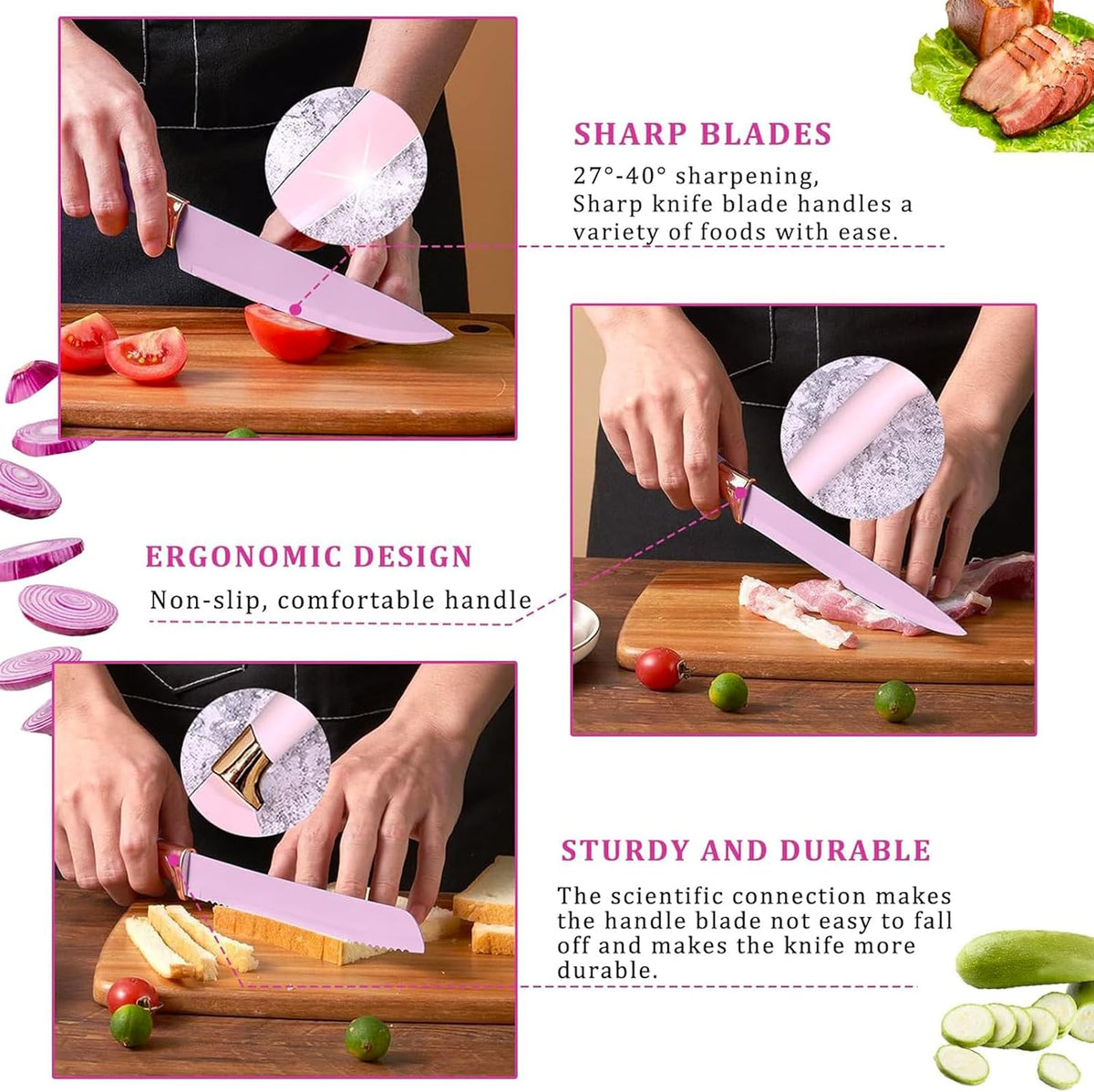 Kitchen Utensil Set,20 Pieces Kitchen Stainless Steel Knives Set Silicone Cooking Utensil with Wooden Handles,Home Kitchenware Accessories Cookware with Stand Block (Pink)