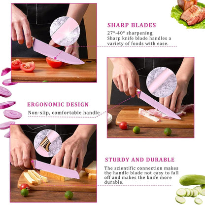 Kitchen Utensil Set,20 Pieces Kitchen Stainless Steel Knives Set Silicone Cooking Utensil with Wooden Handles,Home Kitchenware Accessories Cookware with Stand Block (Pink)