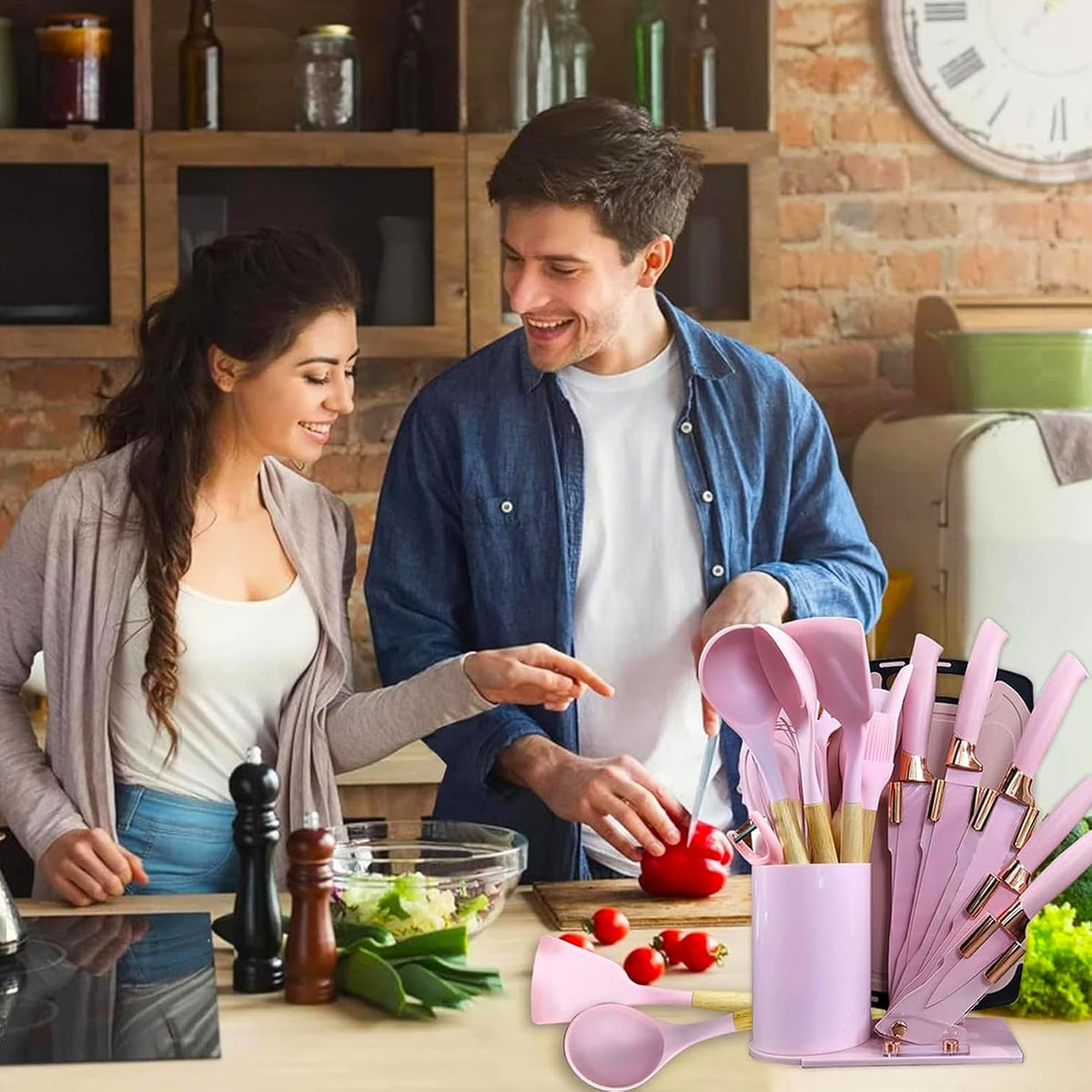 Kitchen Utensil Set,20 Pieces Kitchen Stainless Steel Knives Set Silicone Cooking Utensil with Wooden Handles,Home Kitchenware Accessories Cookware with Stand Block (Pink)