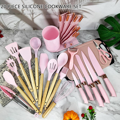 Kitchen Utensil Set,20 Pieces Kitchen Stainless Steel Knives Set Silicone Cooking Utensil with Wooden Handles,Home Kitchenware Accessories Cookware with Stand Block (Pink)