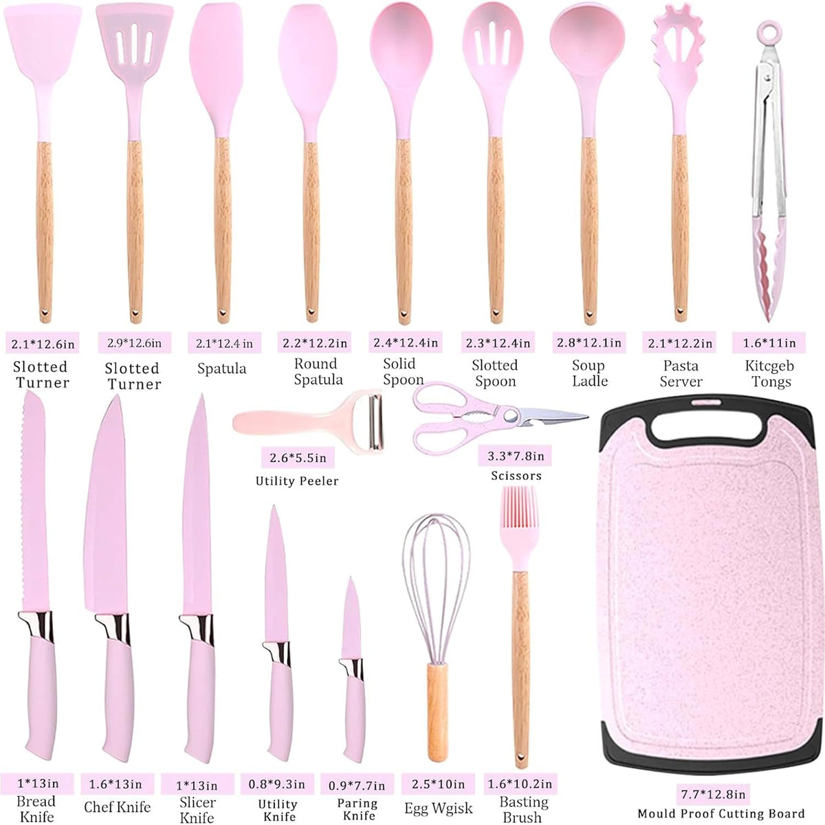 Kitchen Utensil Set,20 Pieces Kitchen Stainless Steel Knives Set Silicone Cooking Utensil with Wooden Handles,Home Kitchenware Accessories Cookware with Stand Block (Pink)