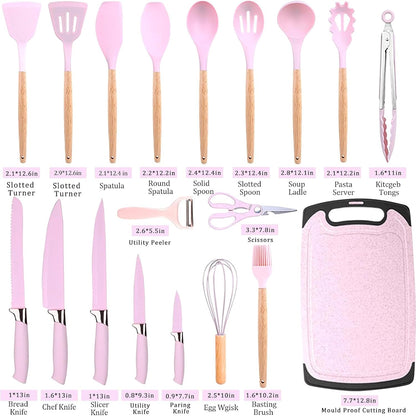 Kitchen Utensil Set,20 Pieces Kitchen Stainless Steel Knives Set Silicone Cooking Utensil with Wooden Handles,Home Kitchenware Accessories Cookware with Stand Block (Pink)