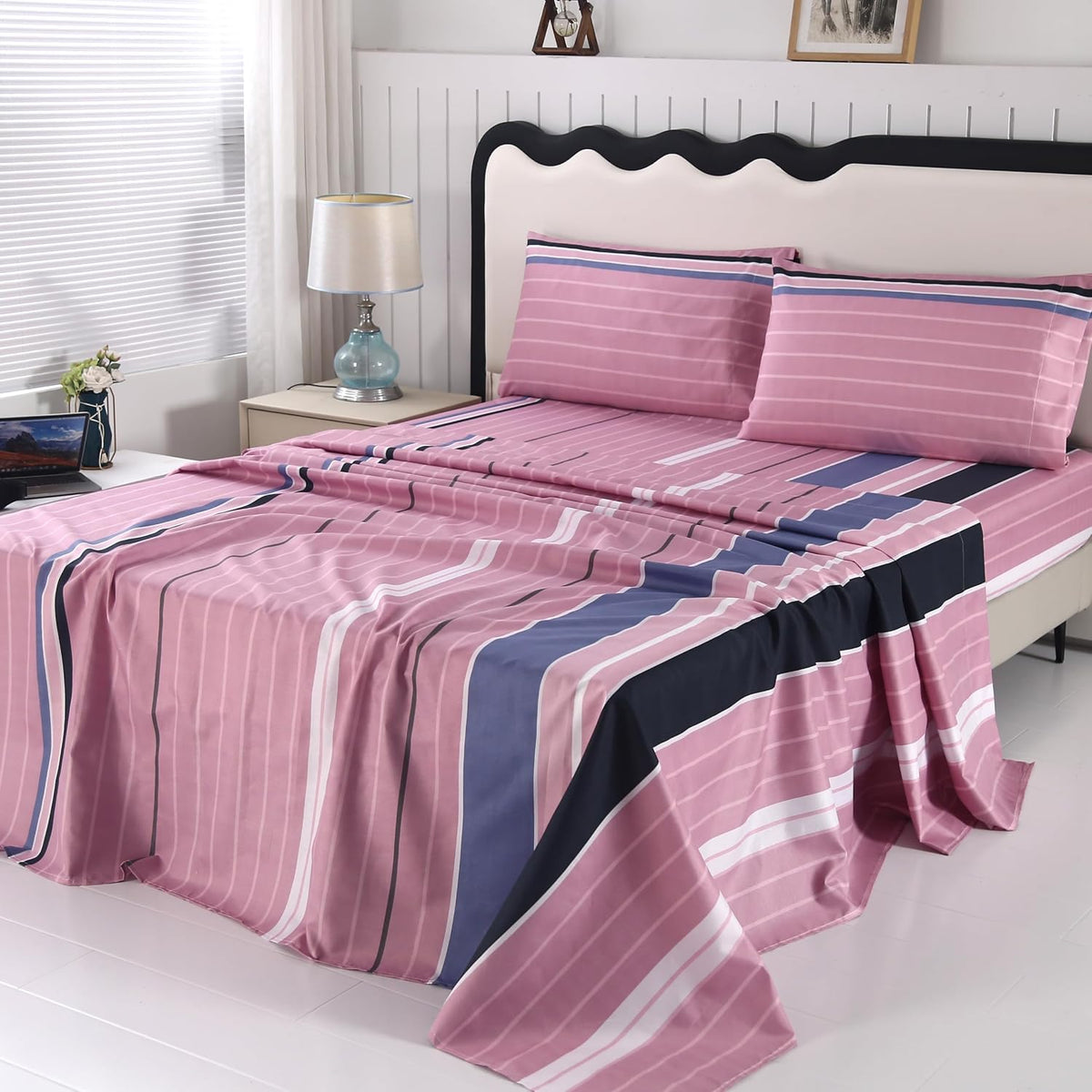 4 Pieces Pink Striped Full Sheets Set, Soft Microfiber Striped Sheets Full Size Deep Pocket, Hot Pink Stripe Bed Sheet All Season