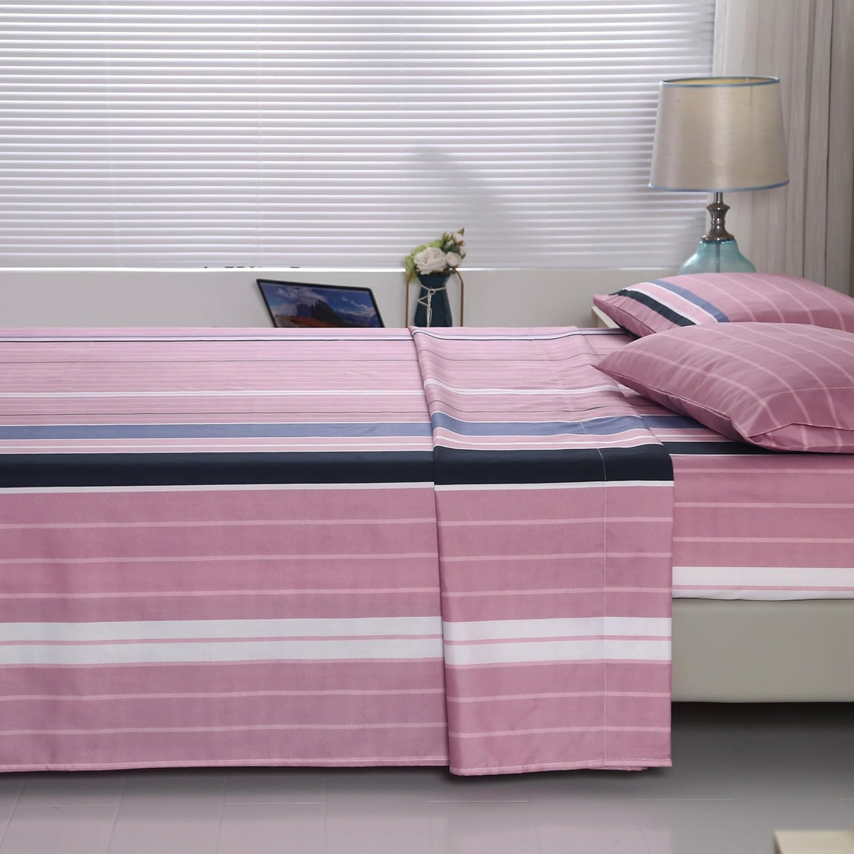4 Pieces Pink Striped Full Sheets Set, Soft Microfiber Striped Sheets Full Size Deep Pocket, Hot Pink Stripe Bed Sheet All Season