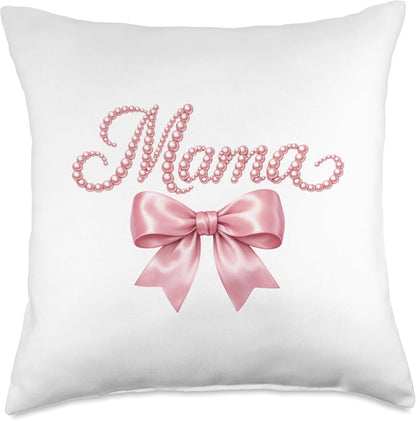 Mama Faux Pink Pearls Coquette Bow Throw Pillow