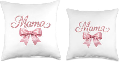 Mama Faux Pink Pearls Coquette Bow Throw Pillow