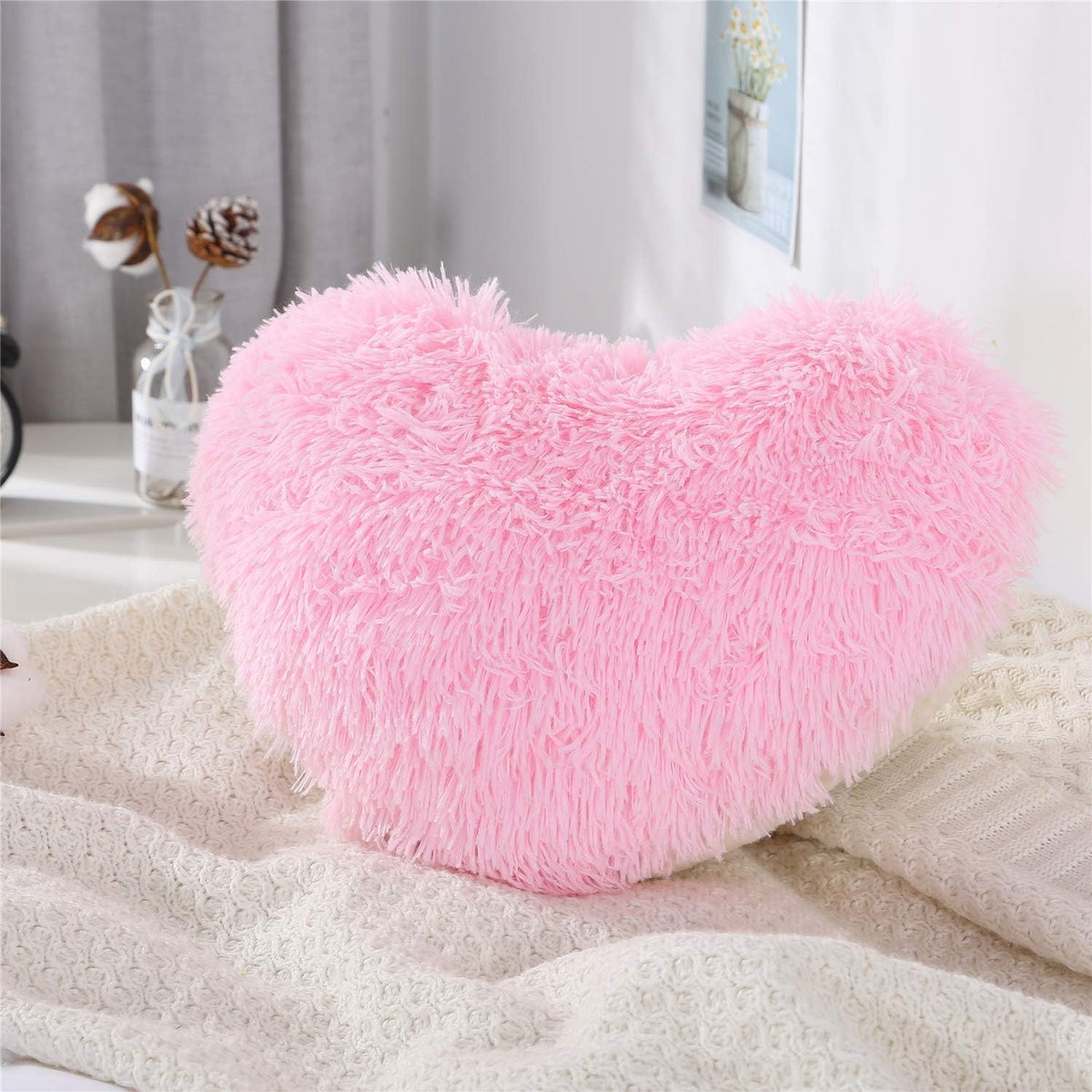 Pink Fluffy Heart Pillow, Shaggy Plush Faux Fur and Sherpa, Cute Soft Throw Cushion Valentines Day Decor for Mothers Day, Christmas Decorations,Love Heart Shaped Throw Pillow