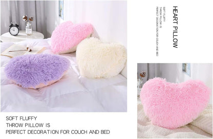 Pink Fluffy Heart Pillow, Shaggy Plush Faux Fur and Sherpa, Cute Soft Throw Cushion Valentines Day Decor for Mothers Day, Christmas Decorations,Love Heart Shaped Throw Pillow