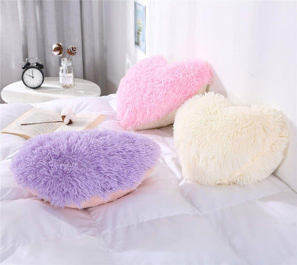 Pink Fluffy Heart Pillow, Shaggy Plush Faux Fur and Sherpa, Cute Soft Throw Cushion Valentines Day Decor for Mothers Day, Christmas Decorations,Love Heart Shaped Throw Pillow