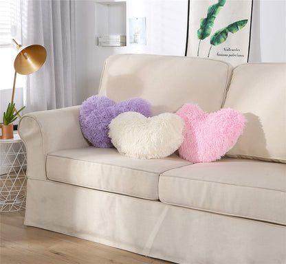 Pink Fluffy Heart Pillow, Shaggy Plush Faux Fur and Sherpa, Cute Soft Throw Cushion Valentines Day Decor for Mothers Day, Christmas Decorations,Love Heart Shaped Throw Pillow