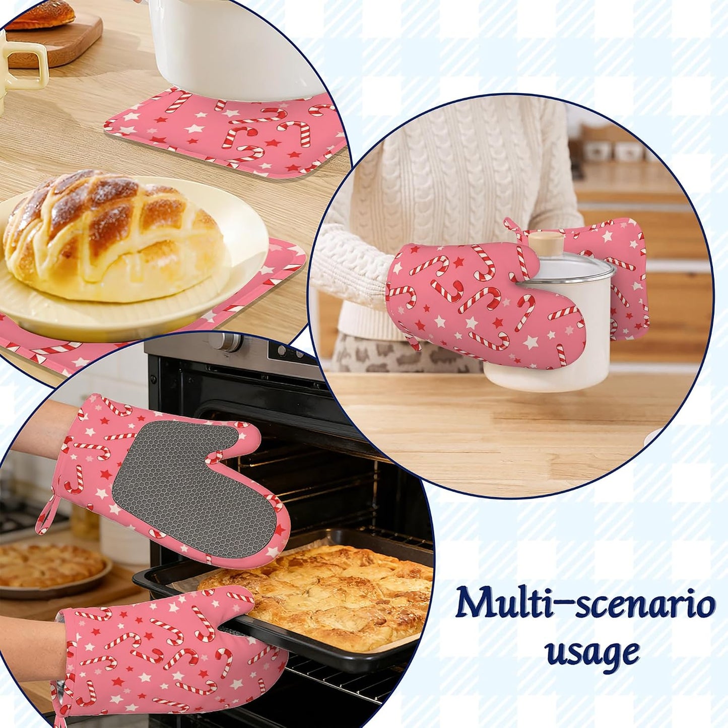 Pink Christmas Candy Cane Pot Holders and Oven Mitts Set Silicone Stars Kitchen Gloves Potholders Heat Resistant Washable,Chef Cooking Baking Gifts for Women Men Bakers Lover Cooks