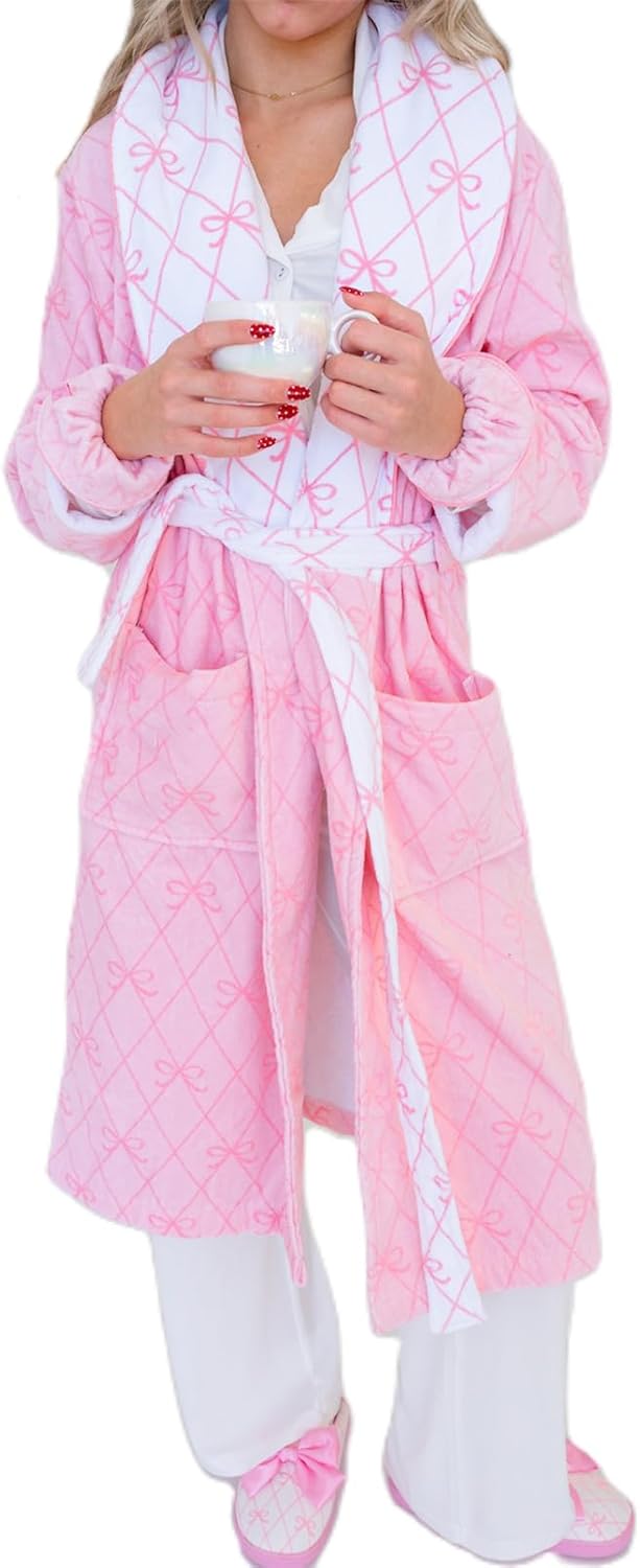 Women Valentine Plush Robe Cute Bow Heart Long Sleeve Shawl Collar Belted Fuzzy Bathrobe Holiday Soft Warm Loungewear
