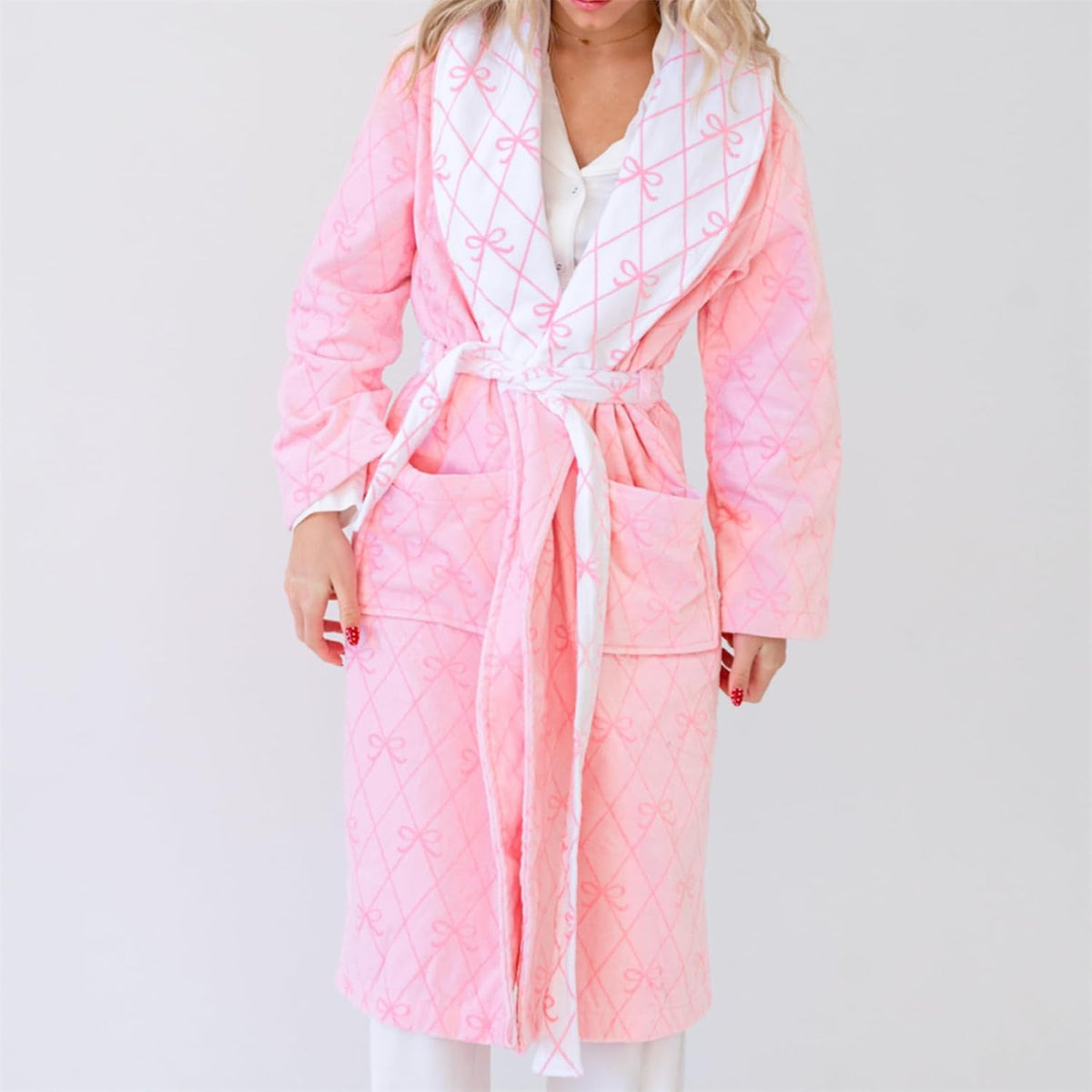 Women Valentine Plush Robe Cute Bow Heart Long Sleeve Shawl Collar Belted Fuzzy Bathrobe Holiday Soft Warm Loungewear