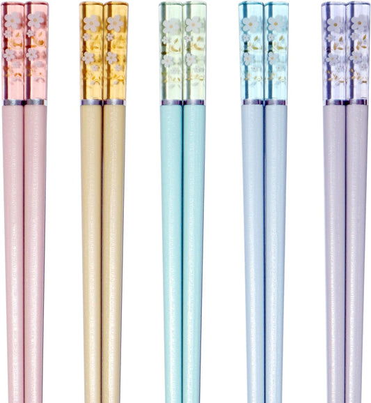 5 Pairs Amber Cherry Blossom Pattern Decoration Multicolor Fiberglass Chopsticks Japanese Korean Chopsticks Reusable Dishwasher Safe Yellow Pink Blue Green Purple