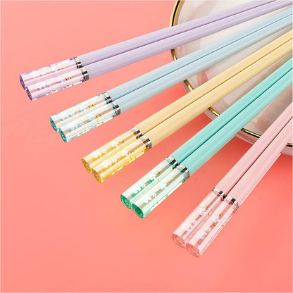 5 Pairs Amber Cherry Blossom Pattern Decoration Multicolor Fiberglass Chopsticks Japanese Korean Chopsticks Reusable Dishwasher Safe Yellow Pink Blue Green Purple