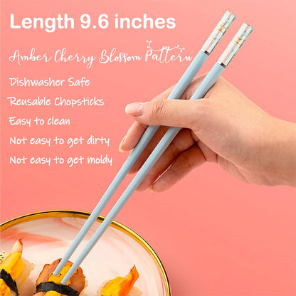 5 Pairs Amber Cherry Blossom Pattern Decoration Multicolor Fiberglass Chopsticks Japanese Korean Chopsticks Reusable Dishwasher Safe Yellow Pink Blue Green Purple