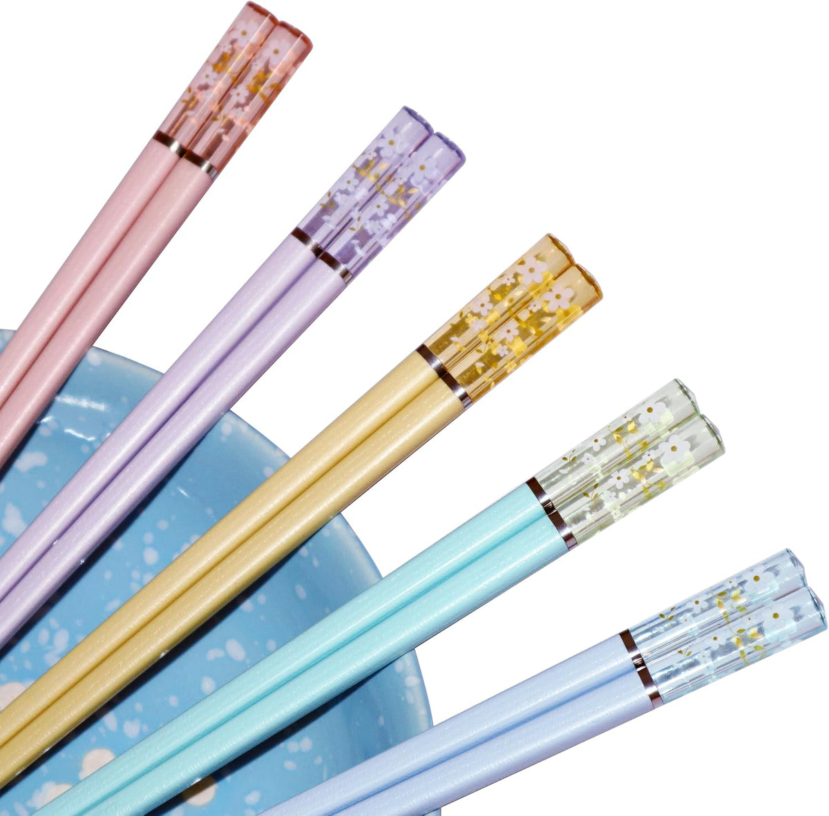5 Pairs Amber Cherry Blossom Pattern Decoration Multicolor Fiberglass Chopsticks Japanese Korean Chopsticks Reusable Dishwasher Safe Yellow Pink Blue Green Purple