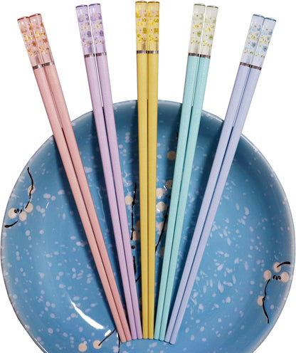 5 Pairs Amber Cherry Blossom Pattern Decoration Multicolor Fiberglass Chopsticks Japanese Korean Chopsticks Reusable Dishwasher Safe Yellow Pink Blue Green Purple