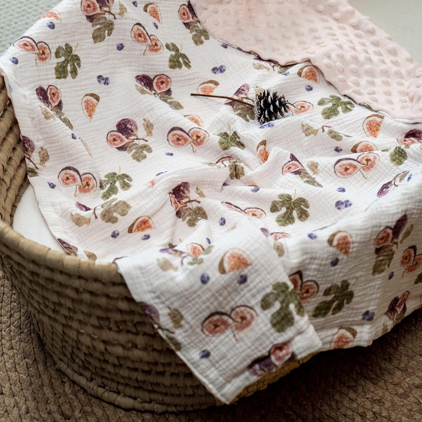 Blankets for Girls, Soft Muslin Cotton Front Dotted Fleece Backing, Nursery Minky Crib Blanket for Infant Toddler, 30 x 40 inches Throw Blanket, Pink & Fruits