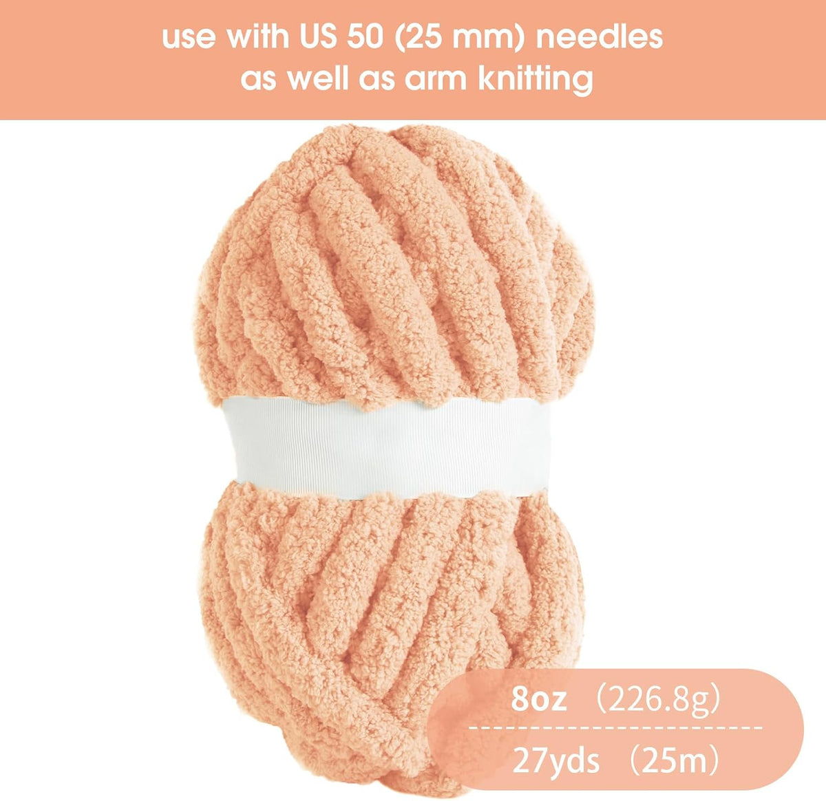 Apricot Pink Chunky Chenille Yarn for Crocheting and Knitting, Super Bulky Thick Fluffy Yarn for Hand Knitting Blanket, Soft Plush Yarn, 8 Jumbo Pack (27 yds, 8 oz Each Skein)