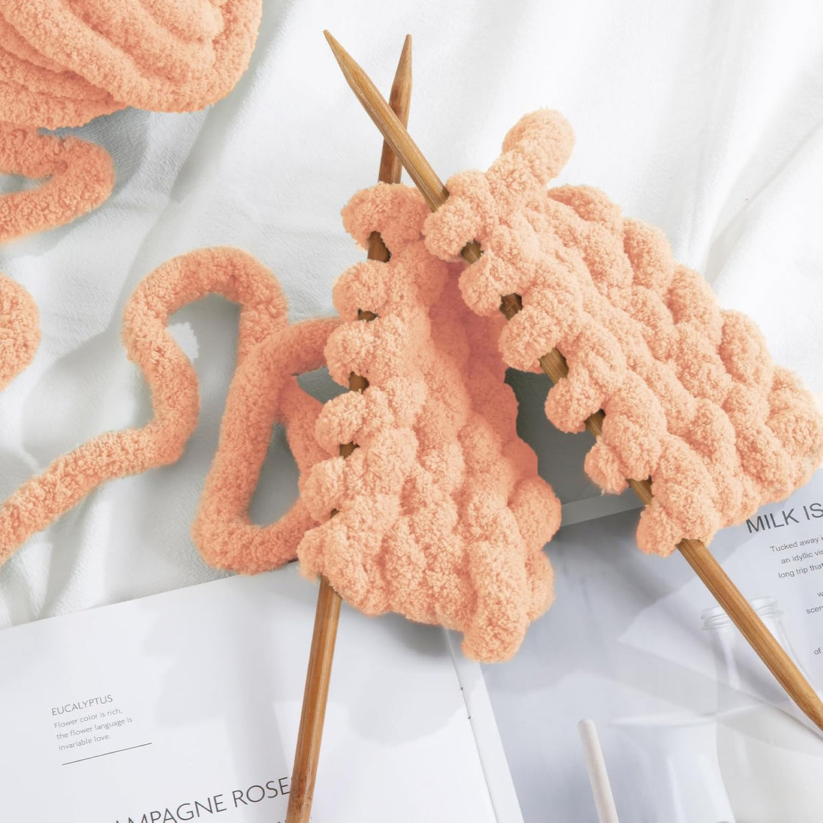 Apricot Pink Chunky Chenille Yarn for Crocheting and Knitting, Super Bulky Thick Fluffy Yarn for Hand Knitting Blanket, Soft Plush Yarn, 8 Jumbo Pack (27 yds, 8 oz Each Skein)
