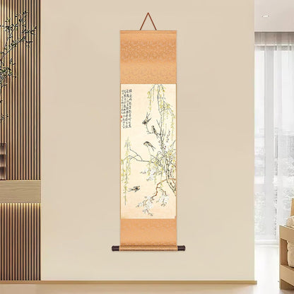 Chinese 45 Inches Wall Scroll Art - Traditional Peach Blossom and Swallow Hanging Scroll Painting, Oriental Wall Decor for Study Room, Living Room, Bedroom and Home Decoration