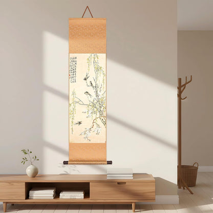 Chinese 45 Inches Wall Scroll Art - Traditional Peach Blossom and Swallow Hanging Scroll Painting, Oriental Wall Decor for Study Room, Living Room, Bedroom and Home Decoration
