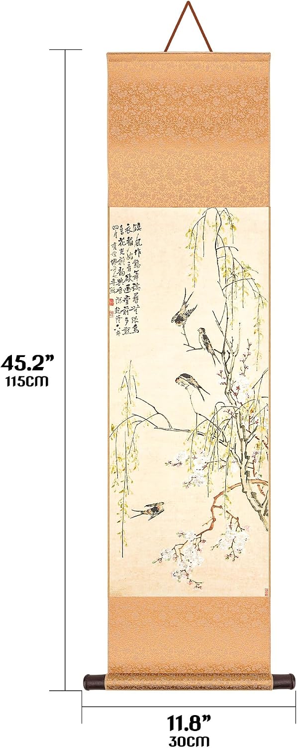 Chinese 45 Inches Wall Scroll Art - Traditional Peach Blossom and Swallow Hanging Scroll Painting, Oriental Wall Decor for Study Room, Living Room, Bedroom and Home Decoration