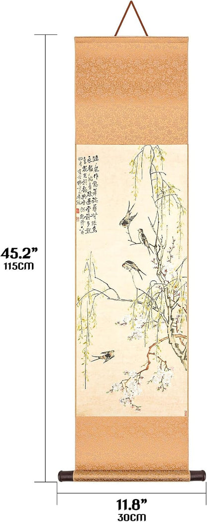 Chinese 45 Inches Wall Scroll Art - Traditional Peach Blossom and Swallow Hanging Scroll Painting, Oriental Wall Decor for Study Room, Living Room, Bedroom and Home Decoration