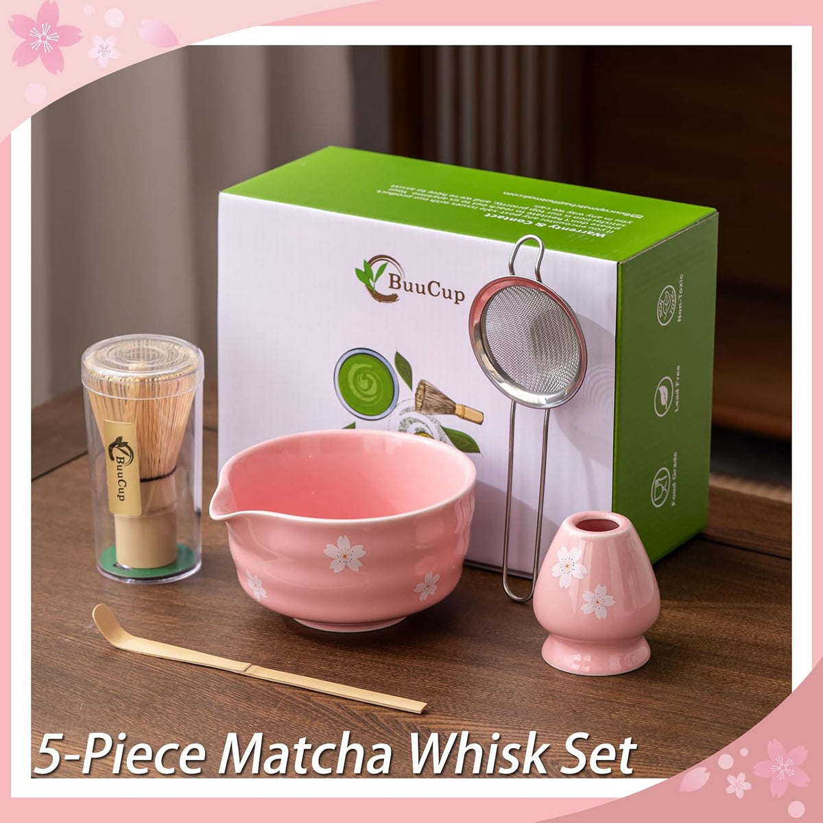 Matcha Whisk Set, Ceramic Matcha Bowl with Spout, Pink Matcha Kit