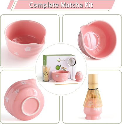 Matcha Whisk Set, Ceramic Matcha Bowl with Spout, Pink Matcha Kit