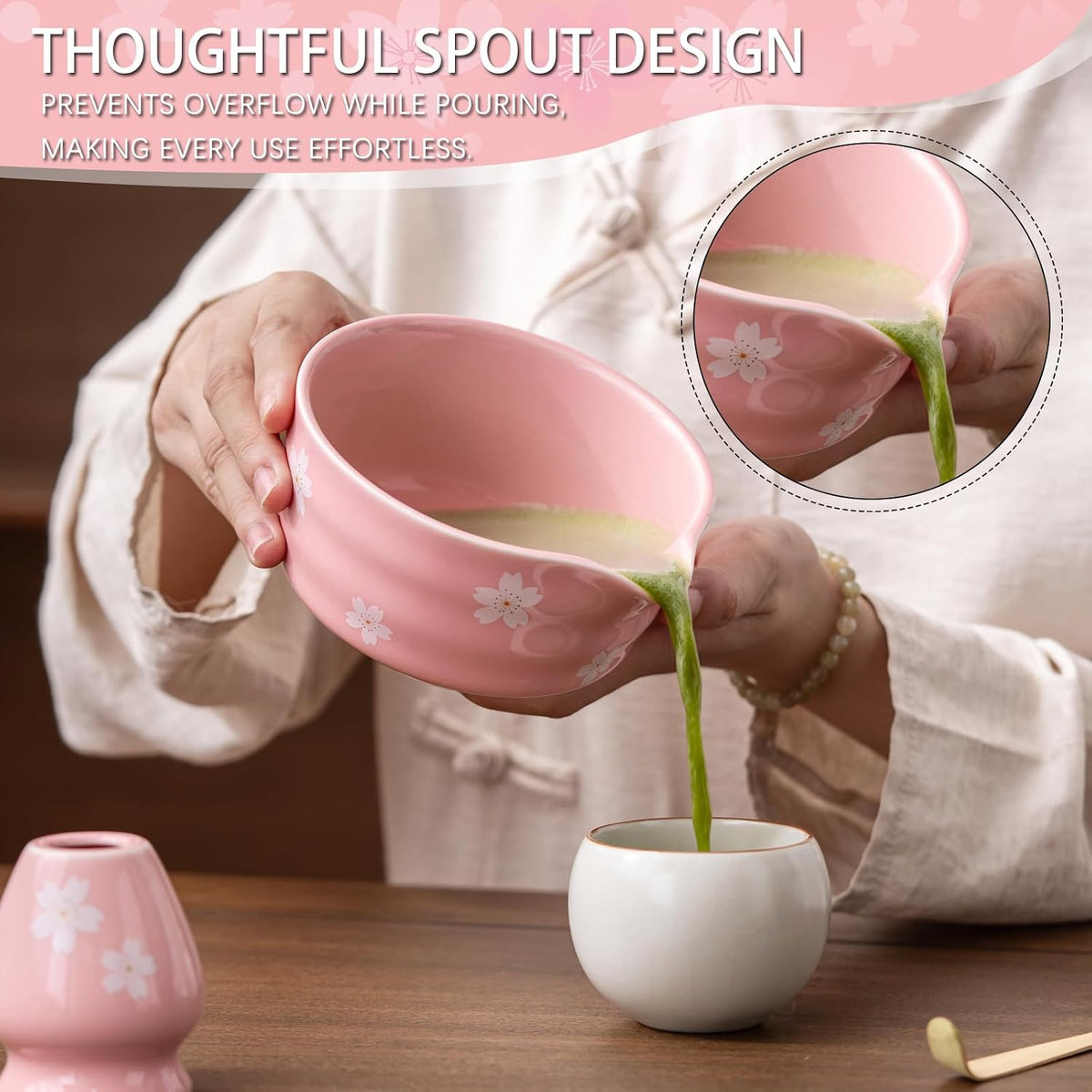 Matcha Whisk Set, Ceramic Matcha Bowl with Spout, Pink Matcha Kit