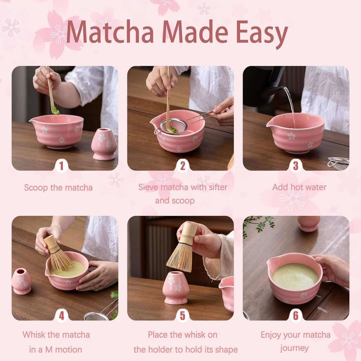 Matcha Whisk Set, Ceramic Matcha Bowl with Spout, Pink Matcha Kit