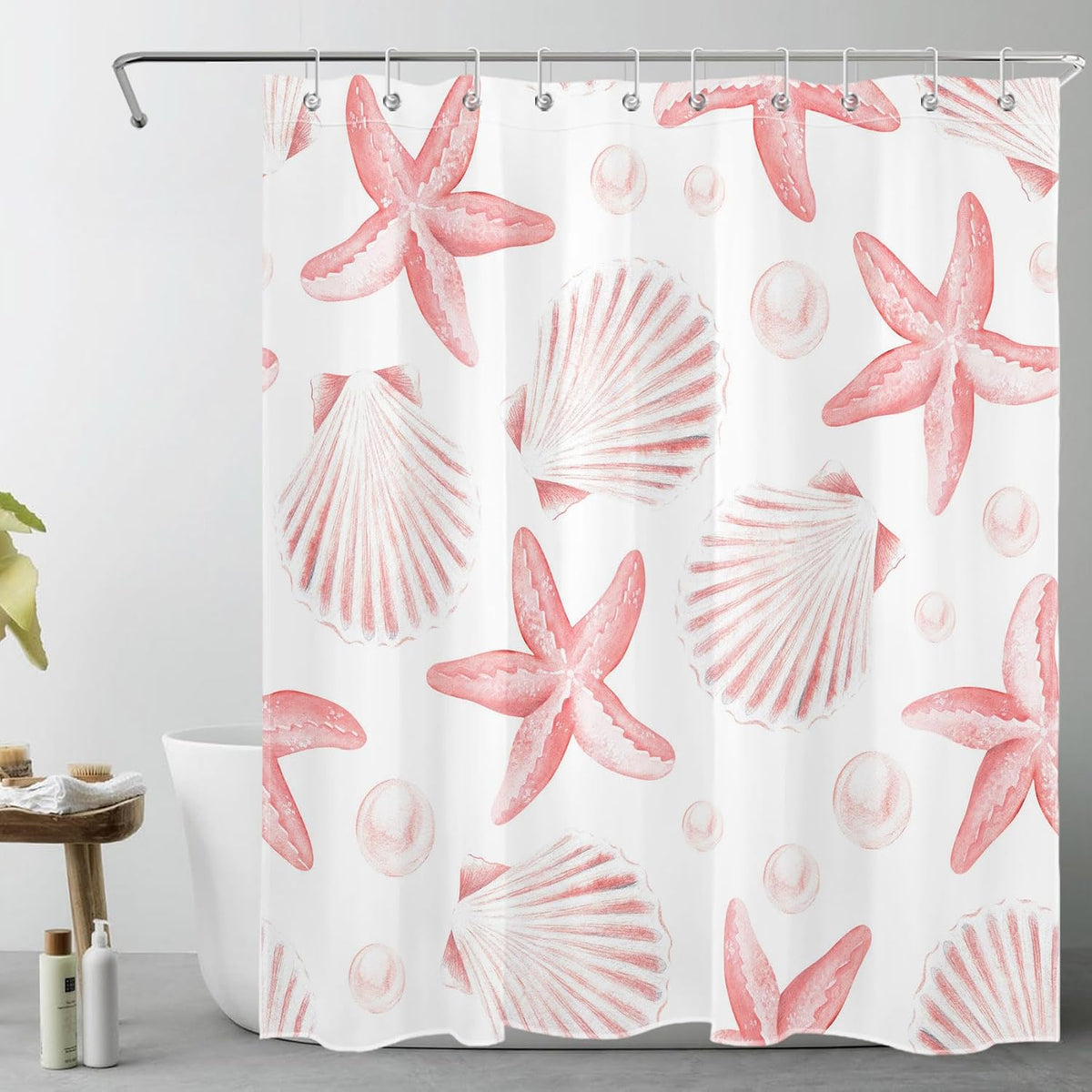 Nautical Coastal Shower Curtain for Bathroom Pink Seashell Seastar on White Fabric Shower Curtain with Hooks Summer Ocean Beach Bathroom Decor Curtains,72L X 60W inches