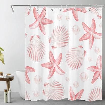 Nautical Coastal Shower Curtain for Bathroom Pink Seashell Seastar on White Fabric Shower Curtain with Hooks Summer Ocean Beach Bathroom Decor Curtains,72L X 60W inches