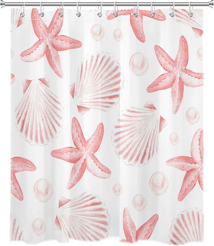 Nautical Coastal Shower Curtain for Bathroom Pink Seashell Seastar on White Fabric Shower Curtain with Hooks Summer Ocean Beach Bathroom Decor Curtains,72L X 60W inches