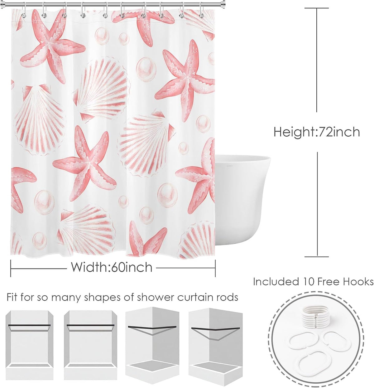 Nautical Coastal Shower Curtain for Bathroom Pink Seashell Seastar on White Fabric Shower Curtain with Hooks Summer Ocean Beach Bathroom Decor Curtains,72L X 60W inches