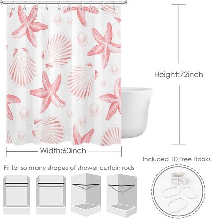 Nautical Coastal Shower Curtain for Bathroom Pink Seashell Seastar on White Fabric Shower Curtain with Hooks Summer Ocean Beach Bathroom Decor Curtains,72L X 60W inches