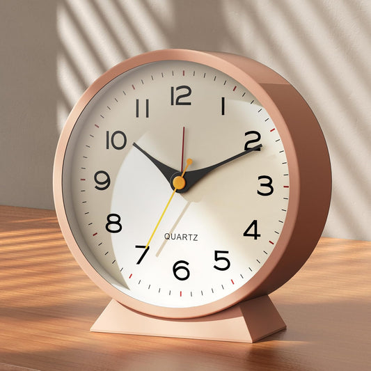 ® 4.5" Analog Alarm Clock,Small Retro Desk Clock Battery Operated,Silent Metal Table Clock with Light for Living Room Decor,Bedroom,Bedside,Shelf(Light Pink)